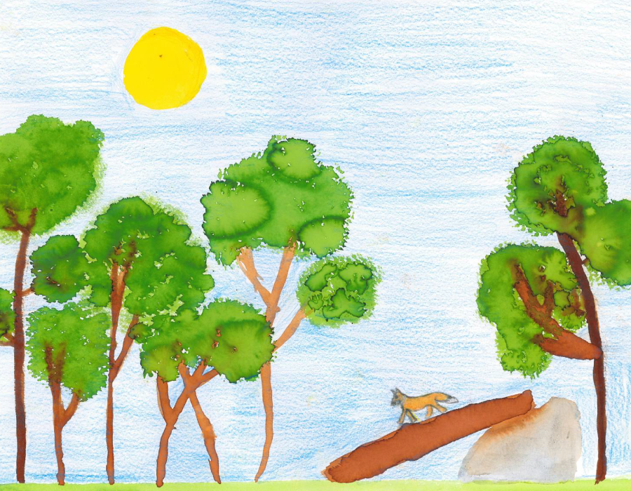 Dessin en couleur d'un renard sur un tronc dans une forêt Dessin en couleur d'un renard sur un tronc dans une forêt